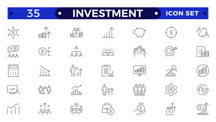 Set of  Outline icons related to investment, investor, risk management, economy, financial gain, money, coins symbols. Outline icon collection.