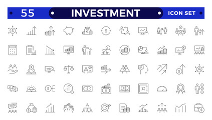 Set of  Outline icons related to investment, investor, risk management, economy, financial gain, money, coins symbols. Outline icon collection.