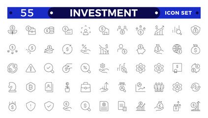 Set of  Outline icons related to investment, investor, risk management, economy, financial gain, money, coins symbols. Outline icon collection.