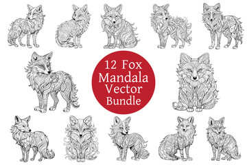 Fox Mandala Lineart Vector Bundle © kmantordesign