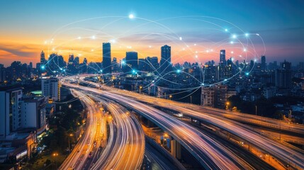 Obraz premium A panoramic view of a bustling city skyline at night, illuminated by streetlights and traffic trails, with a network of glowing lines connecting the buildings