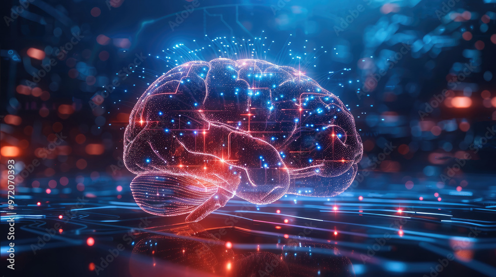 Poster A sleek AI brain icon glowing in the center with data streams radiating out. Generative AI.