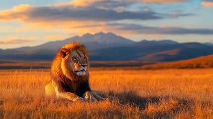 Majestic Lion at Sunset in African Savanna