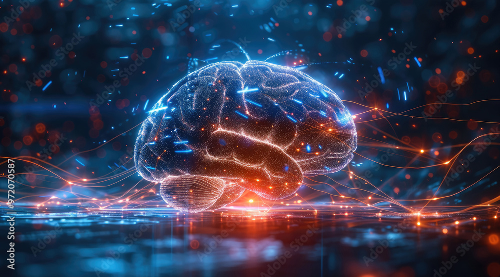Poster A sleek AI brain icon glowing in the center with data streams radiating out. Generative AI.