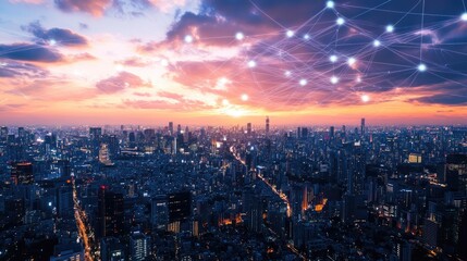 Obraz premium A panoramic view of a city skyline at sunset with a network of glowing dots and lines connecting them, representing the concept of connectivity, communication, and technology.