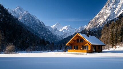 Winter Cabin in Snowy Mountain Landscape
