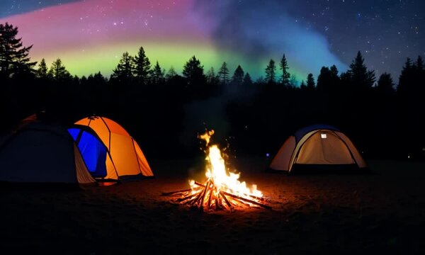 camping tent at night with rainbow and campfire