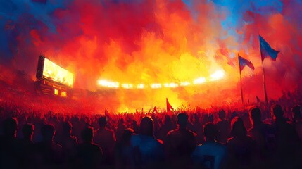 Sunset tailgate scene, barbecue smoke mixing with glowing stadium lights, team flags waving, vibrant colors, digital oil painting