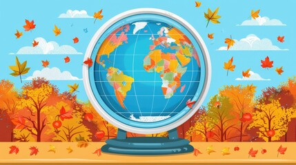 Naklejka premium Colorful world globe displayed with bright autumn leaves flying around in classroom setting, clear blue sky and vibrant foliage create cheerful educational atmosphere for learning about geography.