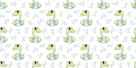 Obraz premium Watercolor seamless pattern of Cute green snakes. Hand drawn print of baby reptile. Background for kid goods, textiles, fabric, scrapbook, office supplies