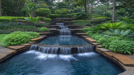 Naklejka premium A lush tropical oasis with a cascading waterfall surrounded by vibrant greenery and exotic plants