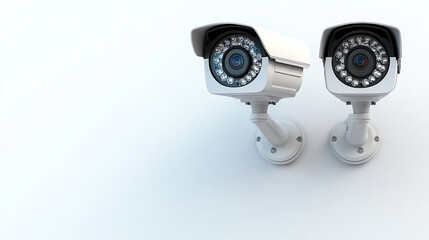 security cameras mounted on the corner of a building, overlooking a minimalistic urban environment. The clear sky and sleek design emphasize surveillance, protection, and observation