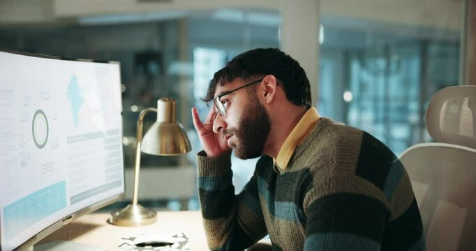 Computer, portfolio and stress with business man at desk in office for administration or problem solving. Anxiety, headache and investment with finance employee at work for online wealth management