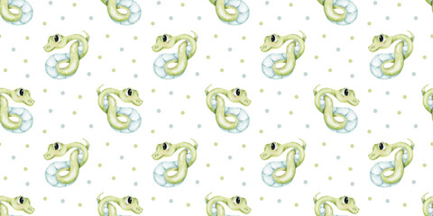 Cute green snakes curled into knot and dots. Watercolor kids seamless pattern. Hand drawn print of baby reptile. Background for kid goods, textiles, fabric, scrapbook, office supplies