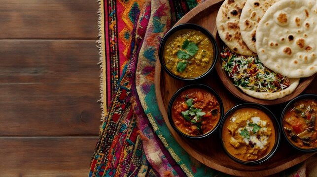 Indian food on a wooden tray with naan bread and rice.