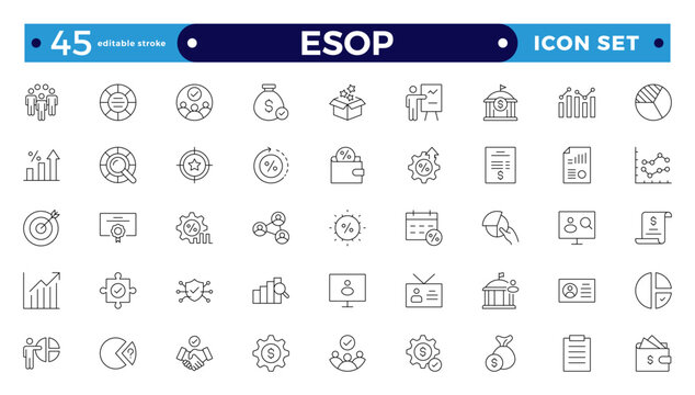 Employee stock ownership plan Outline icon collection. ESOP, benefits, company, shares, benefits, management, win-win, scheme, and ownership icon set. UI Editable stroke outline icon.
