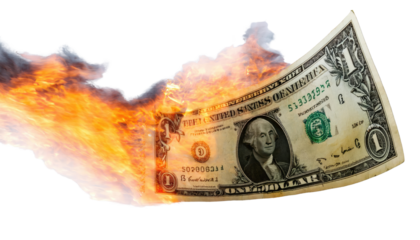 dollar bills on fire isolated on white background 