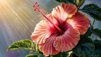 A pink and red flower with the word hibiscus on it.