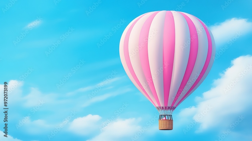 Poster A pink and white hot air balloon flying in the sky, AI