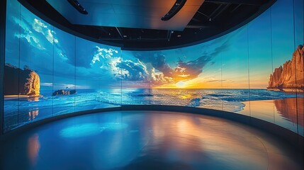 An immersive dome with a curved 360 degrees LED screen, displaying breathtaking and vibrant images of travels around the world. Generative AI.