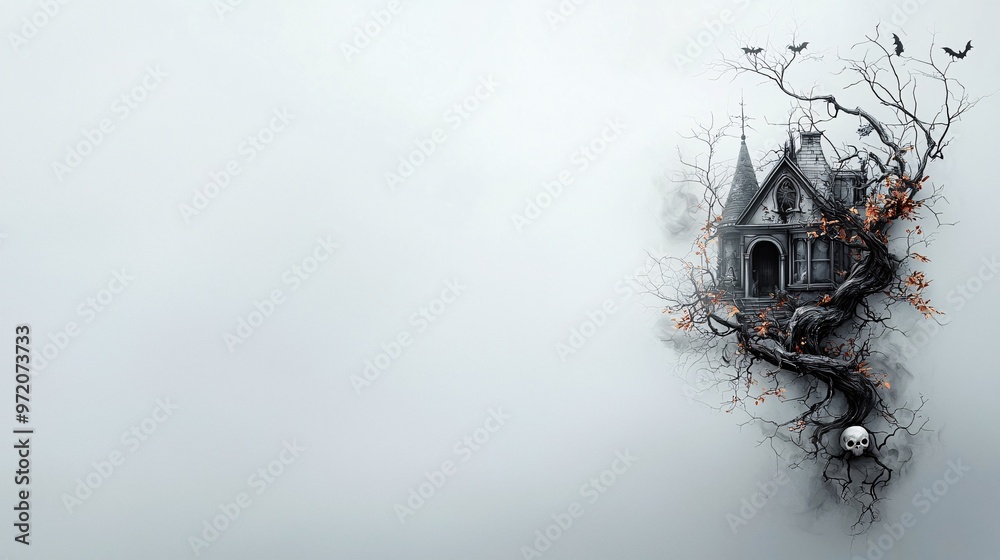 Poster an art nouveau design featuring a haunted house with curved, flowing architecture and intricate vine