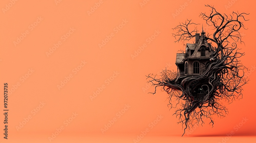 Poster an art nouveau design featuring a haunted house with curved, flowing architecture and intricate vine