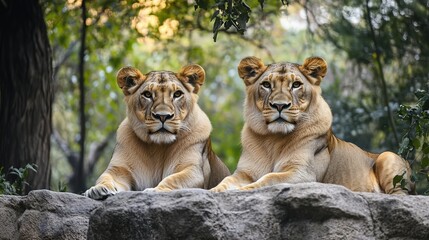 Obraz premium Lions residing in the Wild Animal Park in Beijing, China, showcasing their natural behavior and majestic presence in a controlled environment.