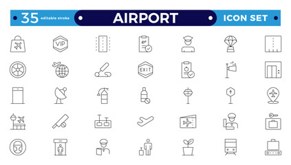 Airport Outline icon set. Contains linear outline icons like Plane, Ticket, Baggage, Seat, WIFI, Bag, Departure, Terminal, Passport, Transport, Luggage, and Airplane.  Editable stroke outline icon.

