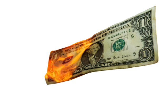 dollars on fire isolated on white background 