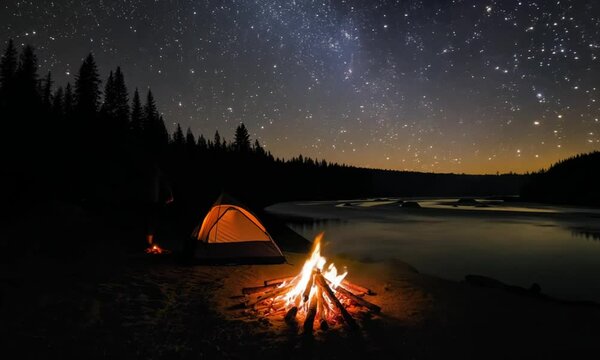 camping tent at night and campfire