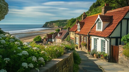 Picturesque cottages in Sandsend, near Whitby, North Yorkshire, UK, showcasing charming, traditional architecture against a scenic coastal backdrop.