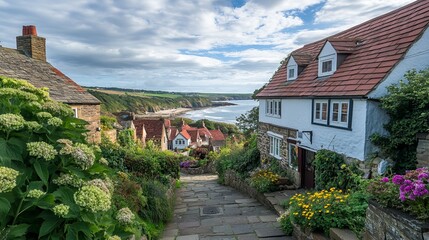 Picturesque cottages in Sandsend, near Whitby, North Yorkshire, UK, showcasing charming, traditional architecture against a scenic coastal backdrop.