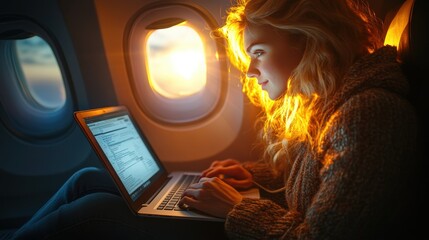 Obraz premium A professional woman on a sunset flight, focused on her laptop, with the warm light from the setting sun streaming through the plane window.