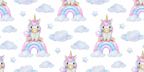 Fairy tale unicorn, Rainbow, stars and clouds. Watercolor nursery seamless pattern. Cute baby background for kid's goods, clothes, textiles, postcards, poster, baby shower and children's room