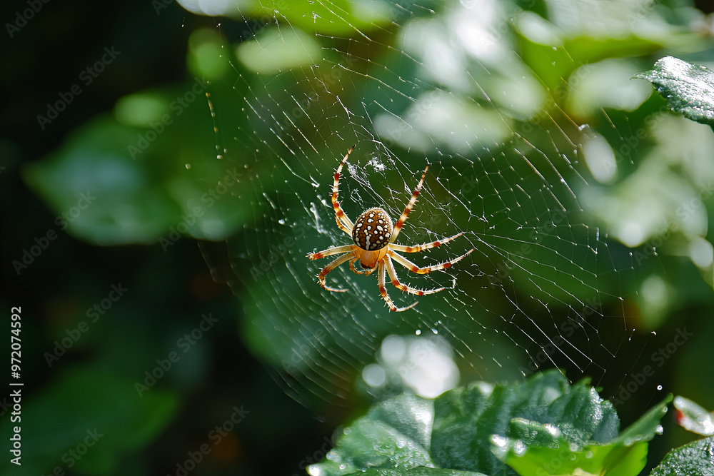 Wall mural spider spinning a web in the corner of a garden