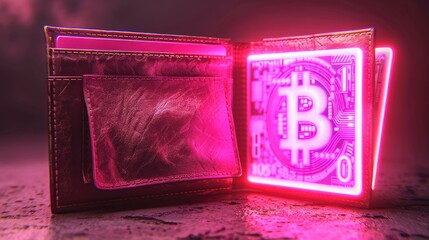 Open wallet glowing with neon pink light, holding digital Bitcoin card inside, this futuristic showcases the evolution currency with digital wallets, representing modern take on finance technology.