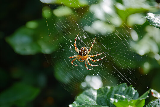 Spider spinning a web in the corner of a garden