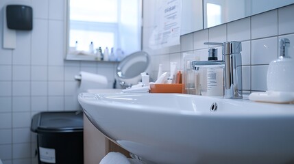 Fototapeta premium A sleek, white modern sink in a medical clinic, featuring a clean and hygienic design.