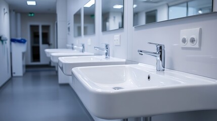 Fototapeta premium A sleek, white modern sink in a medical clinic, featuring a clean and hygienic design.