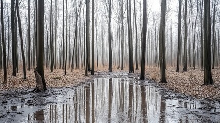 Obraz premium A wet, empty forest in early spring, with trees stripped of their leaves, creating a stark and bare natural scene.