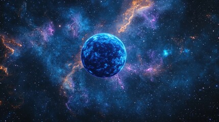 Fototapeta premium A blue planet with an atmosphere in a cosmic space with nebulae and stars in the background.