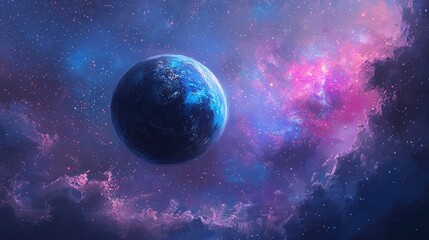 A blue planet with white clouds and a swirling nebula in the background.