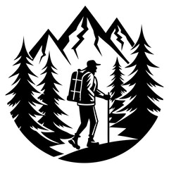 Silhouette of a Man Hiking Up a Mountain with Backpack Surrounded by Pine Trees - Vector Illustration Clipart