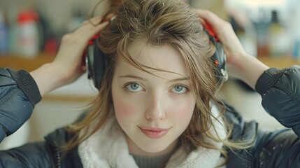 Naklejka premium Young blonde woman with headphones enjoying music indoors, close-up of relaxed expression. Soft lighting energy, creating a serene and calm environment with focus on relaxation and comfort.