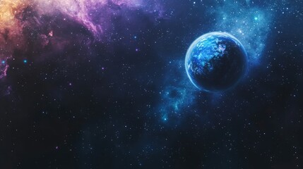 Obraz premium A blue planet floats in a vast and mysterious space, surrounded by swirling nebulas and a starry sky.