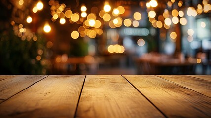 Empty wooden table top with lights bokeh on blur restaurant background. 