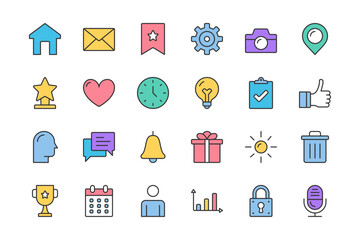 Colored basic flat line icons set - house, email, calendar, chat and other icons, editable stroke, vector eps10 illustration