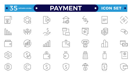 Payment outline icon set. Business and finance payment collection with money, banking, credit card, exchange, cash, and transaction icon. Editable stroke outline icon.
