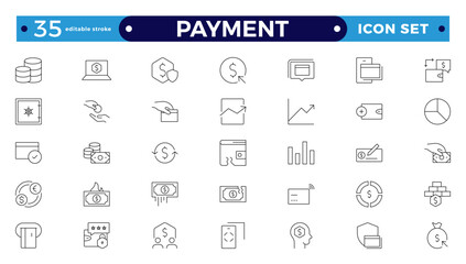 Payment outline icon set. Business and finance payment collection with money, banking, credit card, exchange, cash, and transaction icon. Editable stroke outline icon.
