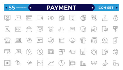 Payment outline icon set. Business and finance payment collection with money, banking, credit card, exchange, cash, and transaction icon. Editable stroke outline icon.
